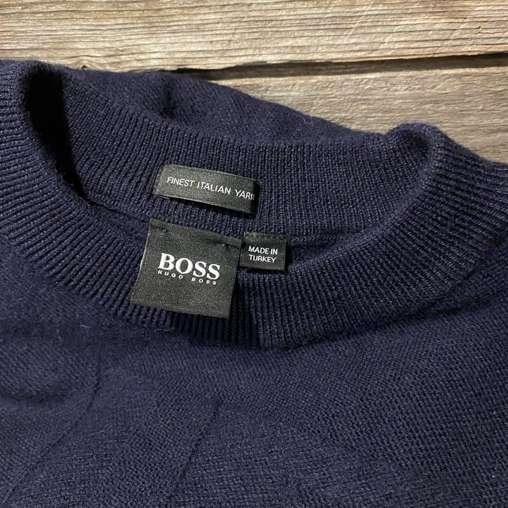 Navy HUGO BOSS Crew Neck Embossed Pullover Sweater - Mens S/M